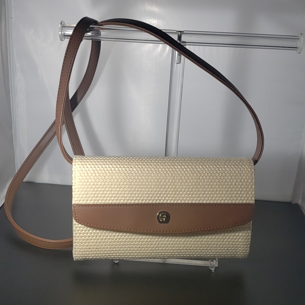 Etienne Aigner Cream Woven Crossbody with Brown Trim